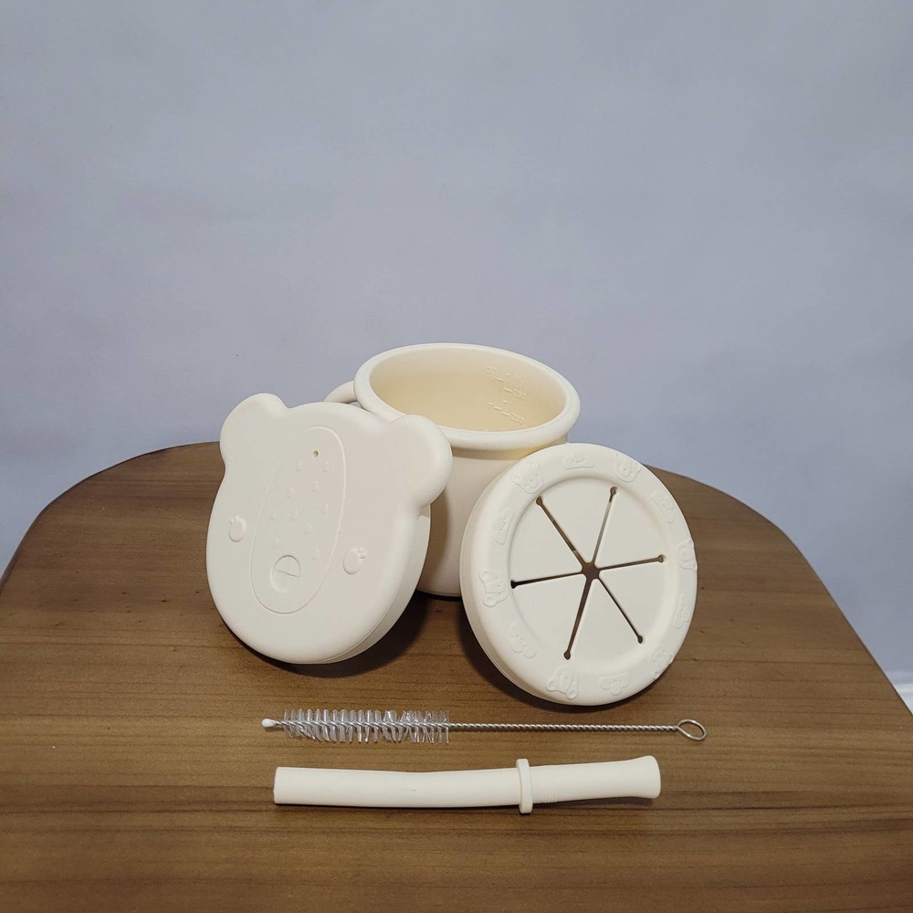 Silicone Training Cup With Straw & Snack Lid (Beige)